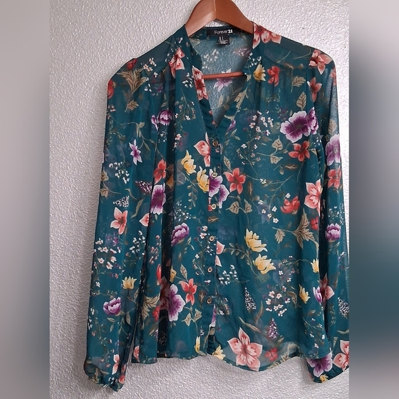 Floral Teal Button-Up Women's Top - Picture 8 of 14